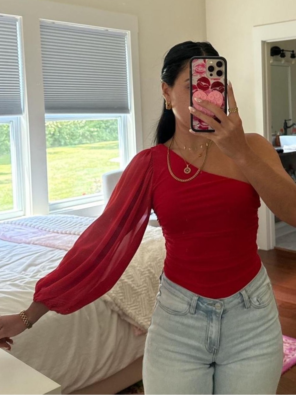 Hello Molly Red One-Shoulder Sheer Puff Sleeve Bodysuit